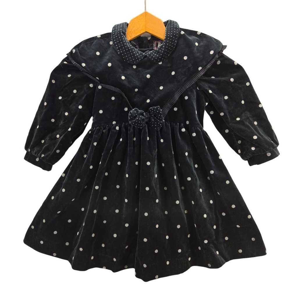 Vtg Rothschild Mousefeathers Velvet Polka Dot Dress Collar Bow Button 2T-4T
